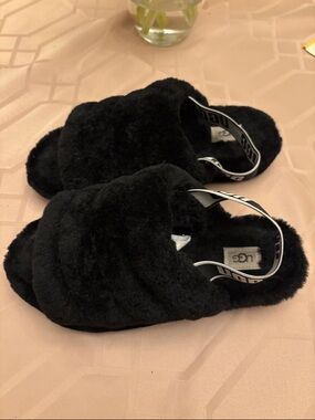 UGG Black Plush Slingback Slide Slippers